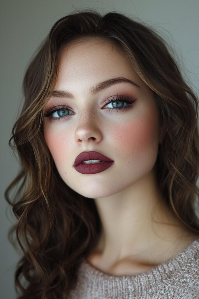 Sultry prom makeup featuring smokey plum shadows that highlight blue eyes with soft plum lips
