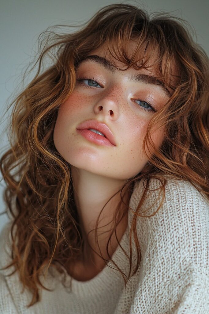 A girl with a soft focus beauty makeup look. She wears subtle taupe eyeshadow with top-lid eyeliner, giving her a dreamy, refined style. Her lips are a soft pink, complementing her matte complexion.