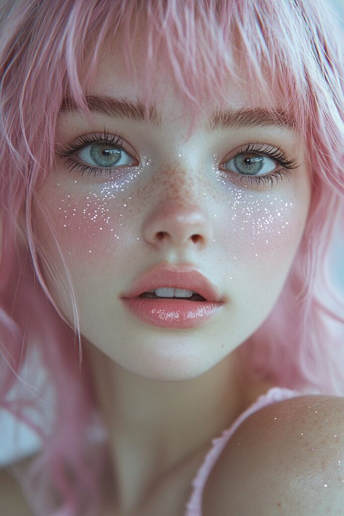 A dreamy soft girl makeup look with delicate pastel pinks on the eyes, cheeks, and lips. Blended seamlessly for a gentle, romantic effect. The skin appears smooth with a light sheen, and the eyes have a touch of glitter. Warm, ethereal lighting enhances the soft glow.