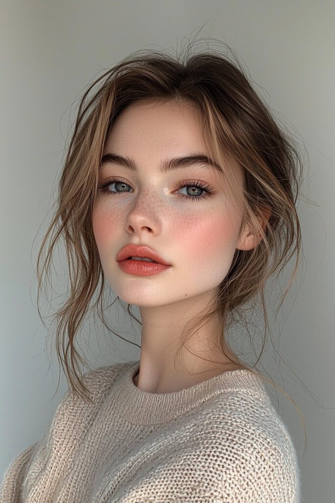 A young woman with a soft glam makeup look. A flawless matte base is complemented by a rosy lip, creating an elegant and polished style.