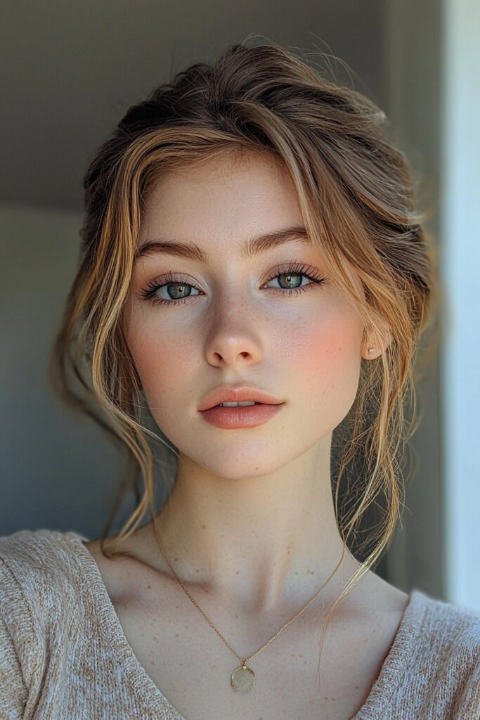 A girl with a soft neutral eye makeup look. She wears warm beige tones on her eyelids, blended seamlessly with top-lid eyeliner. Her complexion is smooth and natural, finished with a soft rose lip.