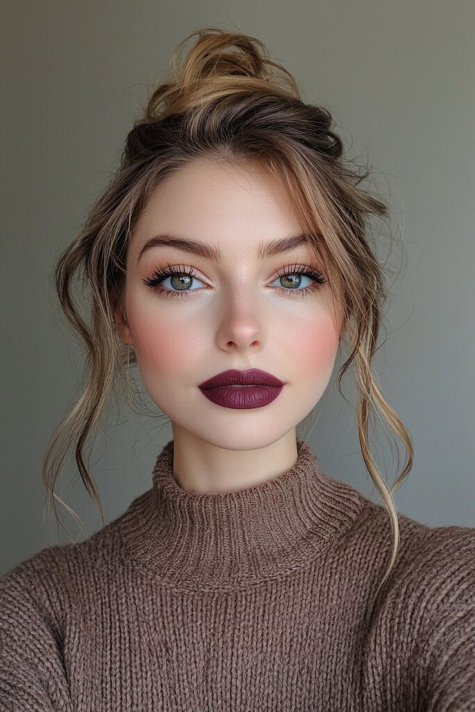A luxurious event-ready look with smoky taupe eyeshadow, rich plum lips, and a sophisticated matte complexion.