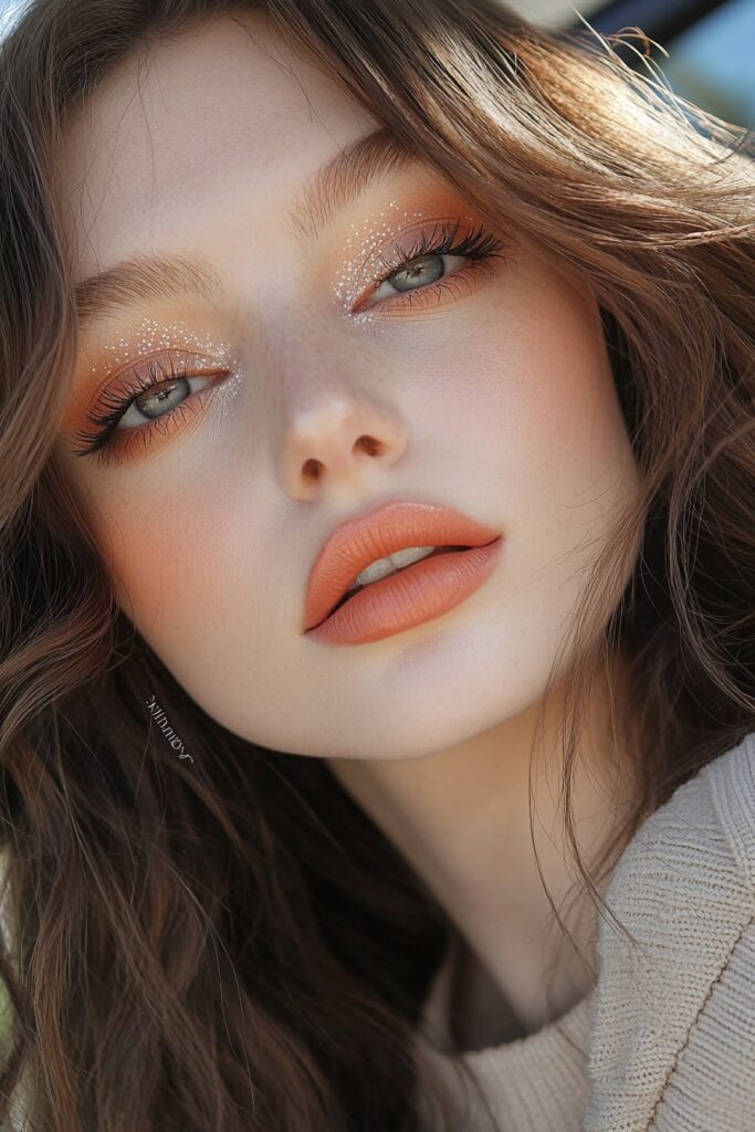 A girl with soft red eyeshadow, top-lid eyeliner, and a gentle coral lip, radiating a dreamy and radiant prom style.