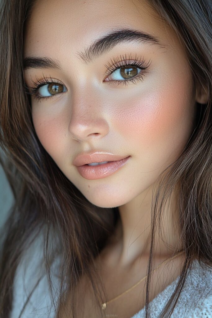 A girl with a subtle definition makeup look. Soft brown eyeshadow enhances her eyes, paired with a matte base and a soft peach lip. The look is polished and natural.