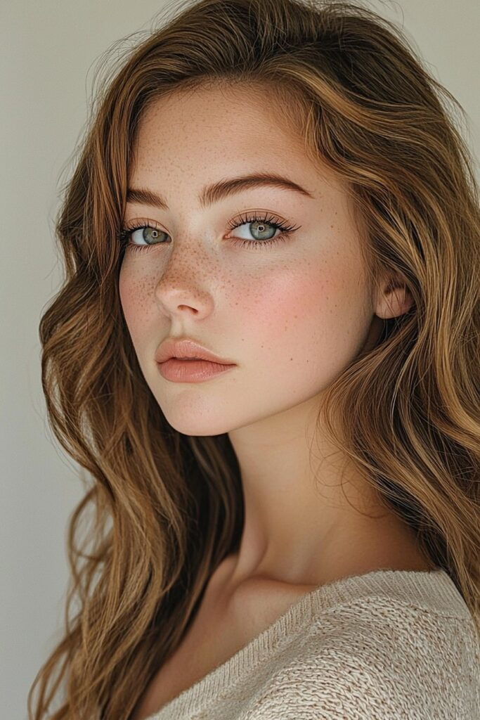A girl with a subtle eye definition makeup look. She wears soft taupe eyeshadow, which enhances her eyes naturally. A matte base with translucent powder provides a flawless finish, and her lips are a soft beige, creating a delicate, polished look.