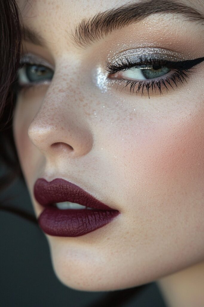 A face showcasing a sultry silver accent makeup look. A subtle silver sheen enhances the eyes without glitter, paired with plum lips. The look features top-lid eyeliner, light bottom-lash mascara, and a matte complexion. A sleek silver backdrop with soft lighting completes the seductive Scorpio Rising vibe.