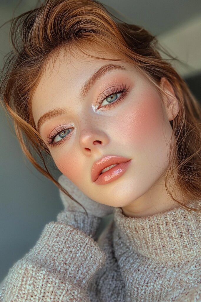 Soft pink eyeshadow with top-lid eyeliner and light bottom-lash mascara graces a matte base with translucent powder, lips in a candy pink. The look is playful and loving.