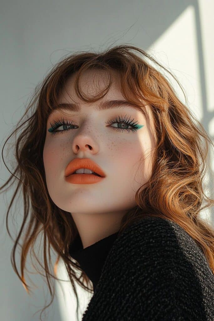 A girl with an artistic edge makeup look. Her bold top-lid eyeliner and a pop of teal on the eyes make a statement, complemented by a matte base with translucent powder, light bottom-lash mascara, and soft beige lips for a sharp and creative style.