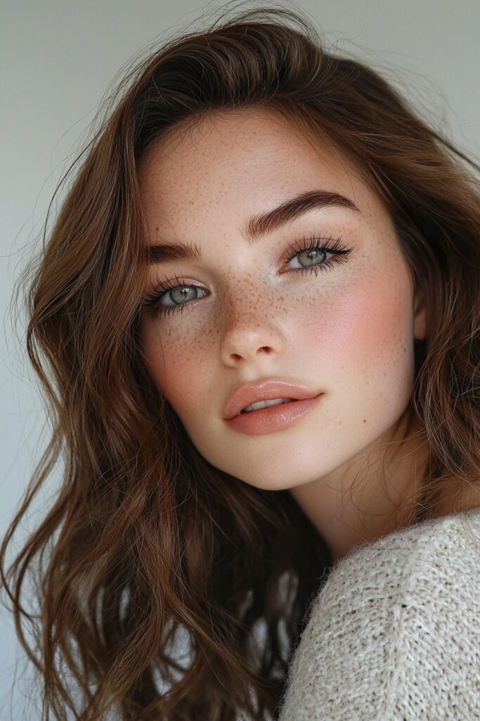 A girl with a classic balanced beauty makeup look. She has a matte complexion set with translucent powder, soft taupe eyeshadow, top-lid eyeliner, light bottom-lash mascara, and a gentle pink lip. The makeup is polished and elegant.