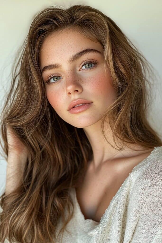 A girl with a dewy goddess makeup look. Her complexion glows with a dewy-yet-matte base set with translucent powder. She wears top-lid eyeliner, light bottom-lash mascara, and a subtle coral lip, creating a radiant and poised aesthetic