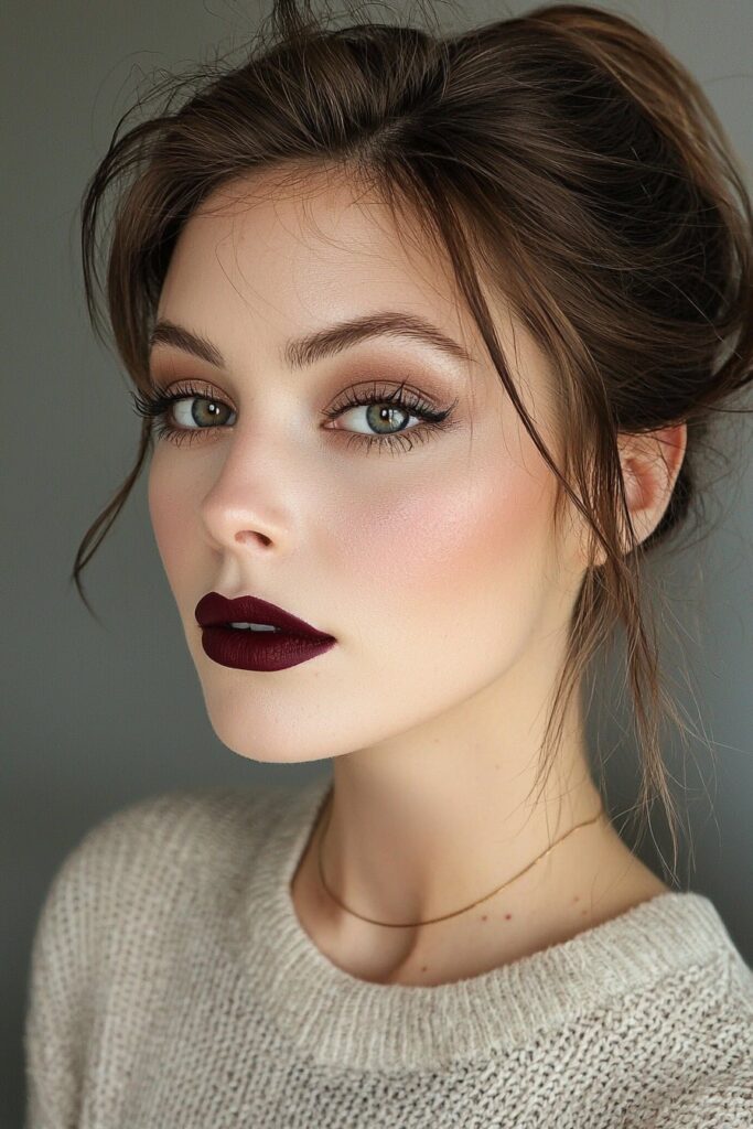 A girl with an evening enchantress makeup look. Her eyes are adorned with smoky plum eyeshadow, top-lid eyeliner, and light bottom-lash mascara. She has a matte base with translucent powder and deep berry lips for a captivating, poised style.