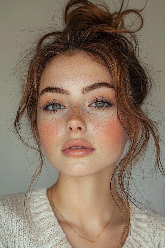 A girl with a natural neutrals makeup look. She has earthy taupe eyeshadow, top-lid eyeliner, light bottom-lash mascara, and a matte base with translucent powder. Her lips are a gentle peach, creating a fresh and subtle aesthetic.