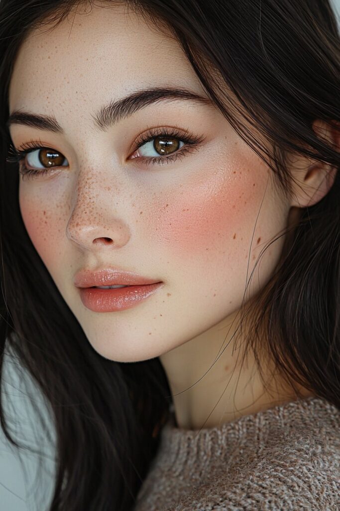 A girl with a professional polish makeup look. Her matte complexion is perfected with translucent powder, subtle brown eyeshadow, top-lid eyeliner, light bottom-lash mascara, and a soft mauve lip. The look is crisp and sophisticated.