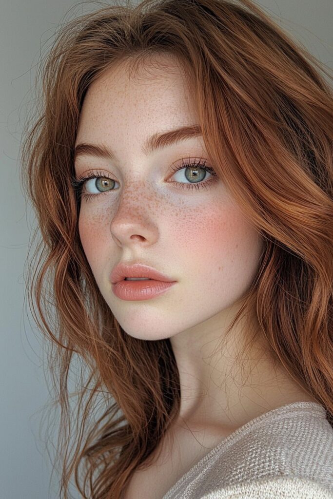 A girl with a romantic rose gold glow makeup look. Her eyes feature rose gold tones (no glitter) with top-lid eyeliner and light bottom-lash mascara. A matte base with translucent powder enhances her complexion, and her lips are a soft rose shade.