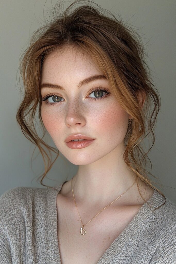 A girl with a soft glam statement makeup look. She has warm beige tones (no glitter) on her eyes, top-lid eyeliner, light bottom-lash mascara, and a matte base with translucent powder. Her lips are a rosy pink, creating a graceful yet bold look.