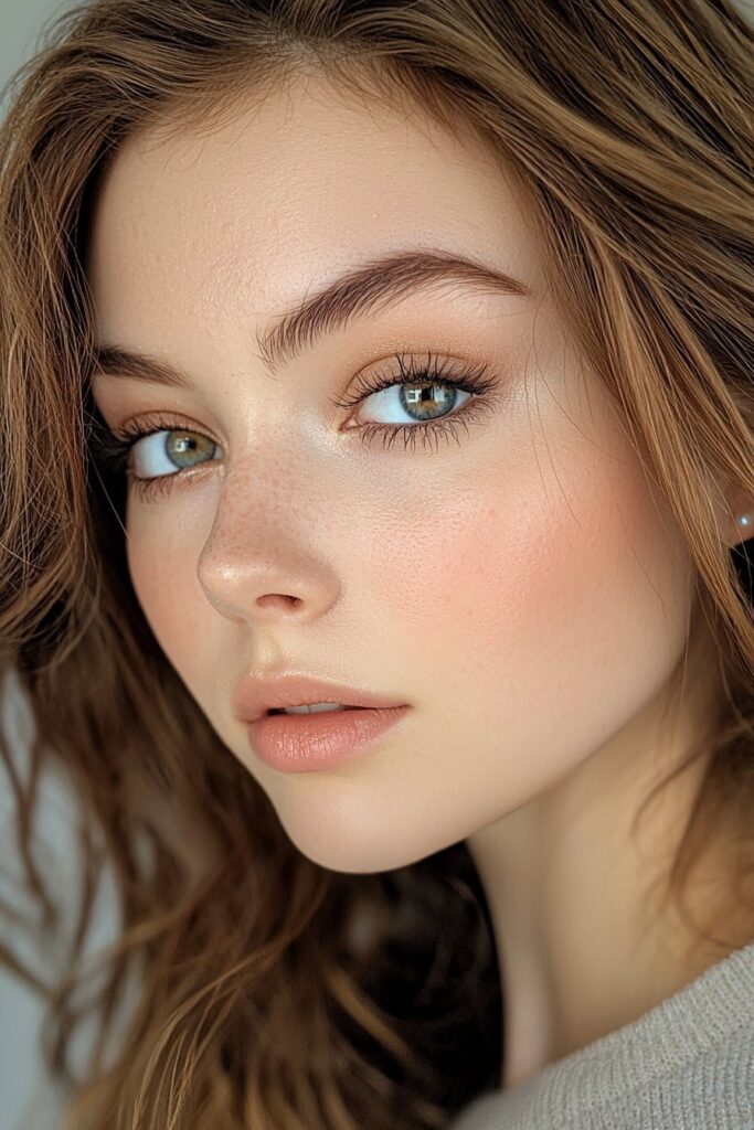 A girl with a timeless natural glam makeup look. Warm beige eyeshadow enhances her eyes, while a matte base provides a flawless finish. A rosy beige lip completes this classic, elegant prom style.
