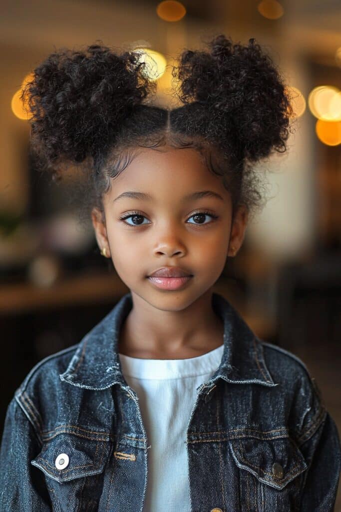 A young Black girl with two high puffs, a fun and symmetrical natural hairstyle. The background features an indoor salon with soft lighting.