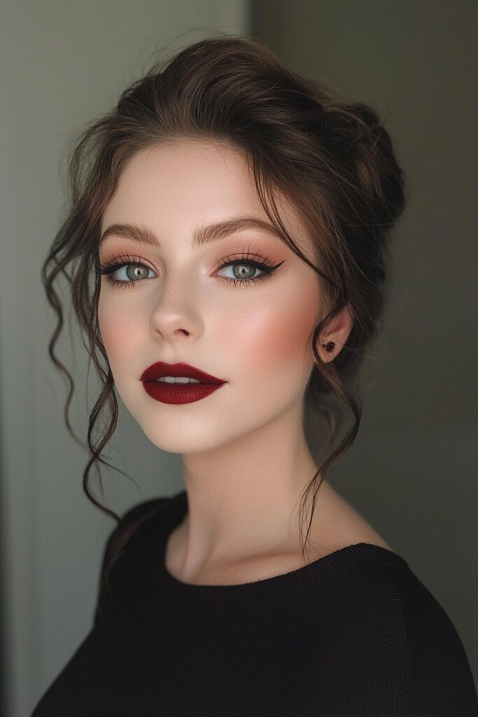 A girl with deep red eyeshadow, top-lid eyeliner, and a rich red lip, exuding plush and elegant prom sophistication.