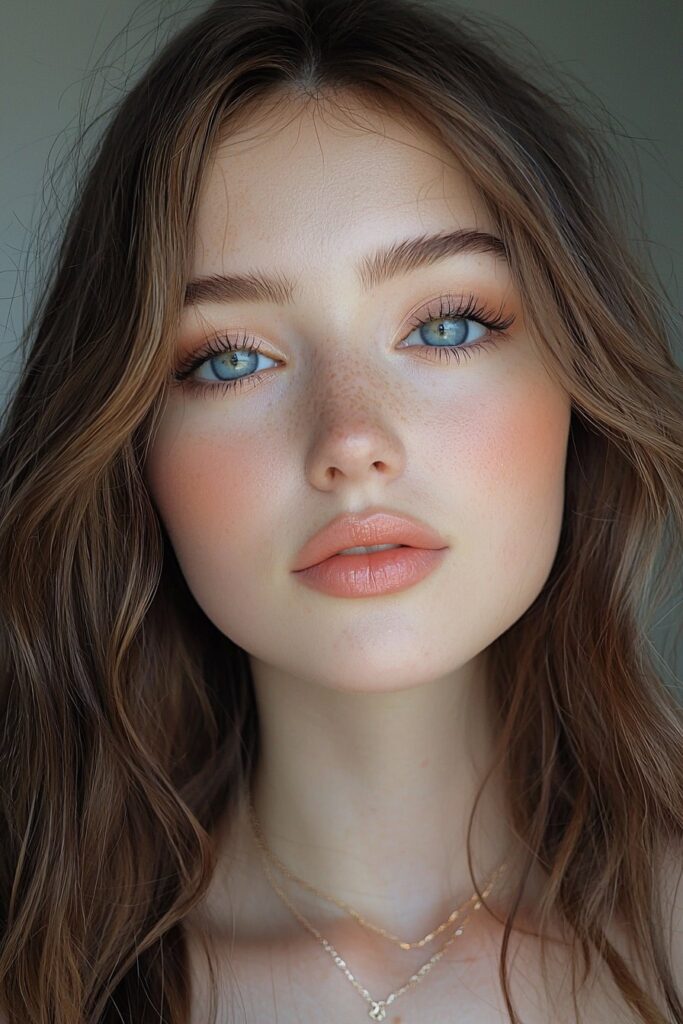 Radiant prom makeup with warm caramel tones highlighting blue eyes and soft peach lips