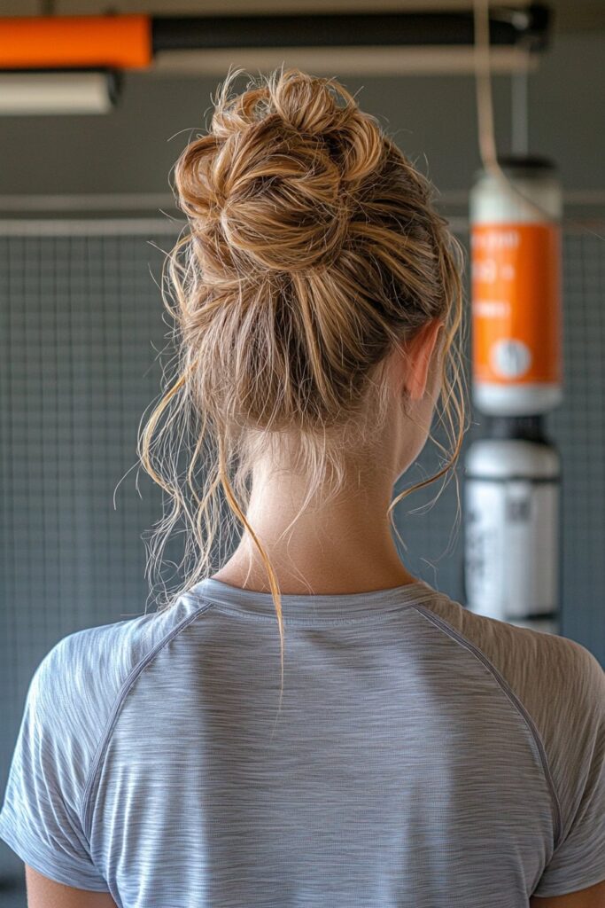 Woman with high messy bun and loose strands in softball dugout, casual secure updo