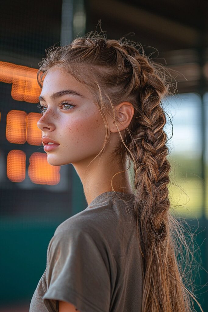 Woman with high ponytail featuring twisted sections by scoreboard, dynamic sporty look