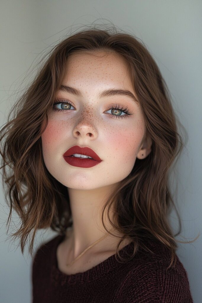 Woman wearing dramatic berry eyeshadow with top-lid eyeliner, light mascara on bottom lashes, matte skin with translucent powder, and rich berry lips.