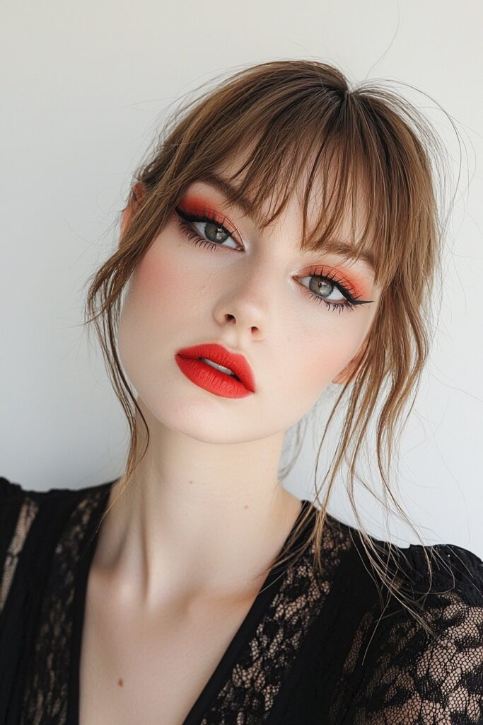 Woman wearing sharp cat-eye liner with red accent, light mascara on bottom lashes, matte skin with translucent powder, and soft rose lips.