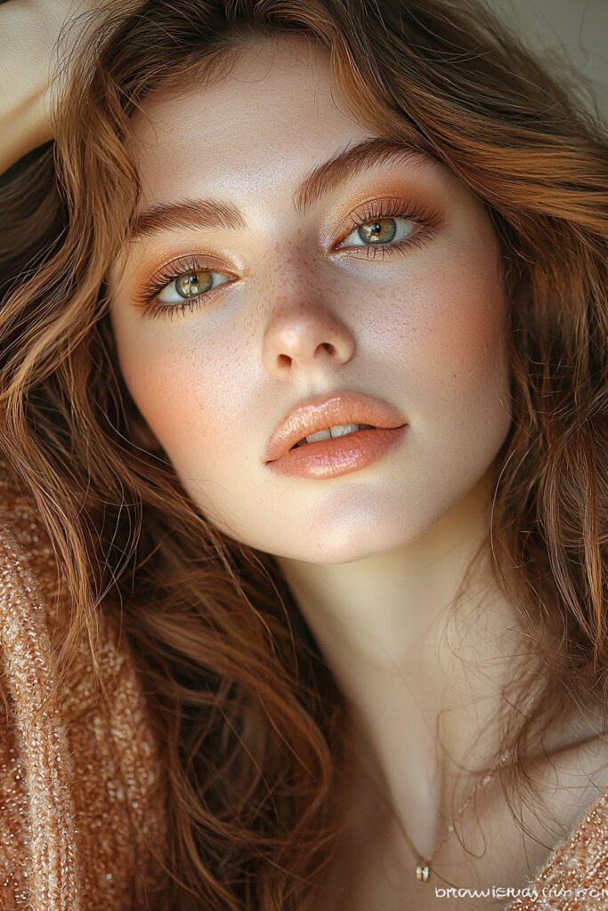 Woman wearing copper eyeshadow with top-lid eyeliner, light mascara on bottom lashes, matte skin with translucent powder, and soft coral lips.