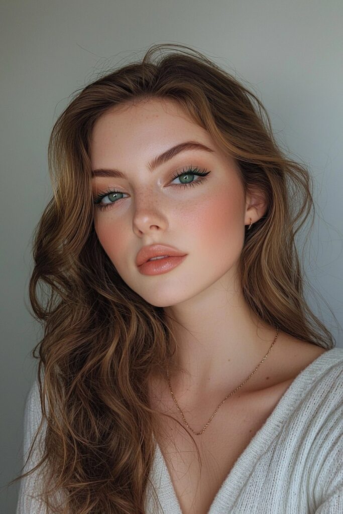 Woman wearing emerald green eyeshadow with top-lid eyeliner, light mascara on bottom lashes, matte skin with translucent powder, and soft pink lips.