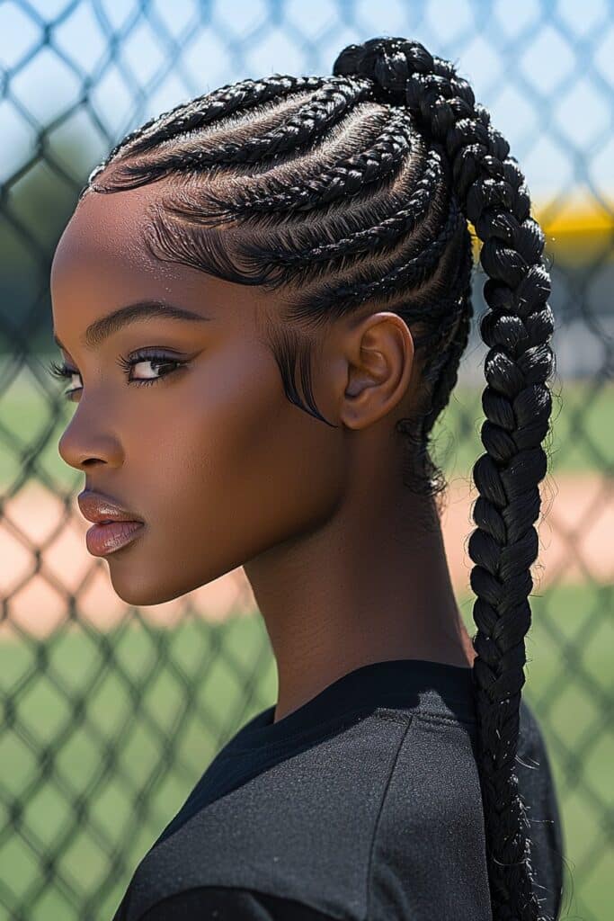 Woman with ponytail featuring bubble sections in batting cage, fun sporty hairstyle