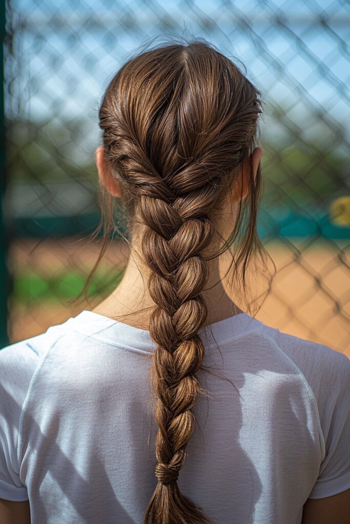 Woman with fishtail braid near batting cage and bat rack, stylish secure game day look