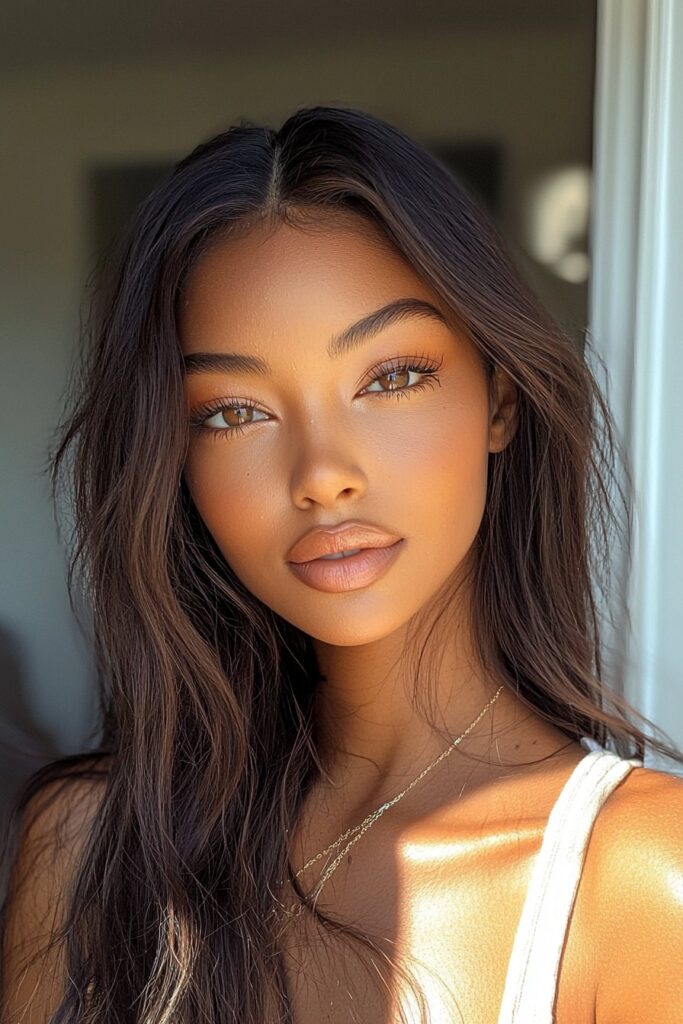 Woman wearing warm brown eyeshadow in a halo pattern with top-lid eyeliner, light mascara on bottom lashes, matte skin with translucent powder, and gentle pink lips.