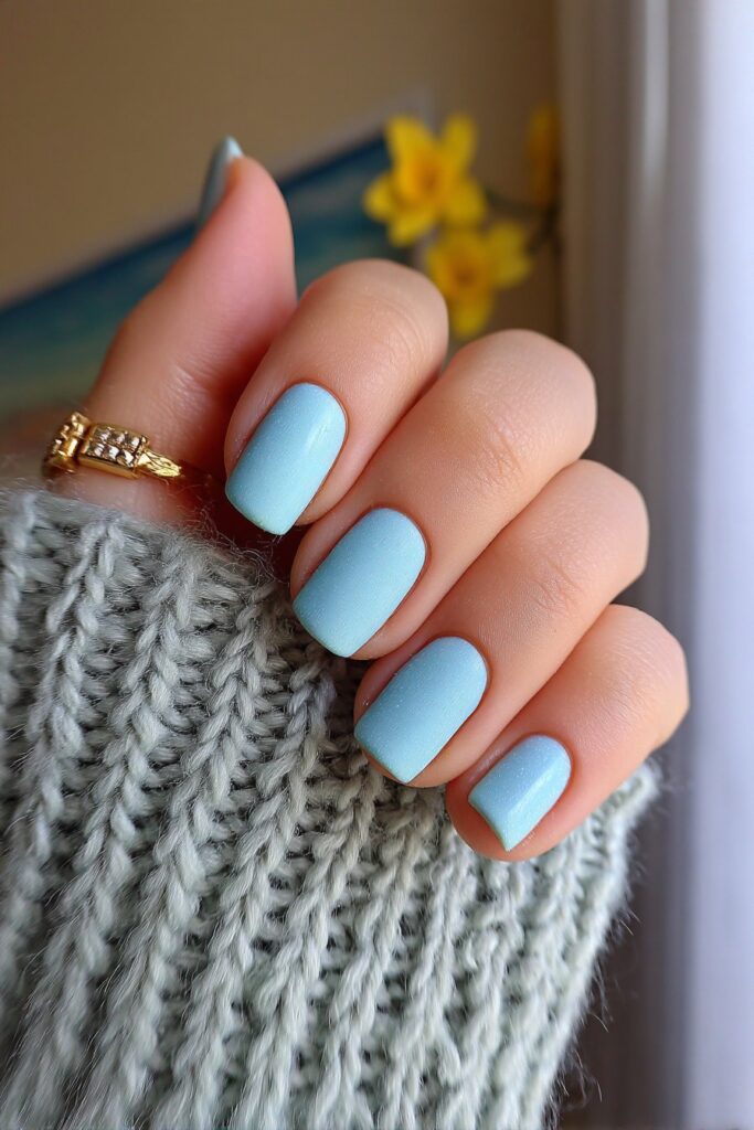 Soft and subtle short summer nails fully coated in a refreshing light teal shade with a smooth matte finish, perfect for minimalist style.