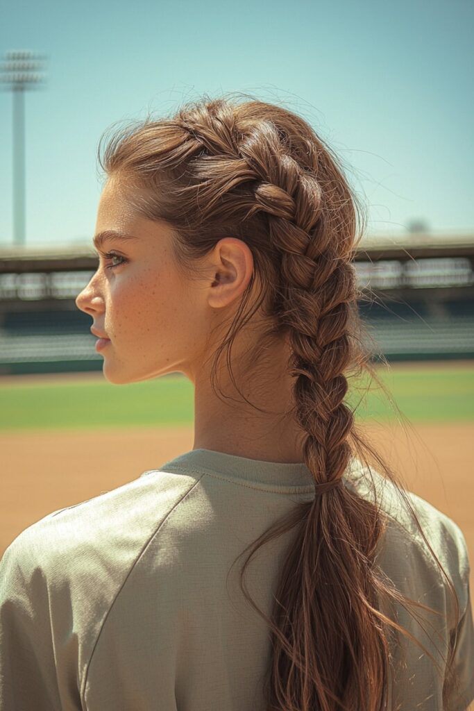 Woman with high ponytail featuring quick braid on softball field, sleek practical style