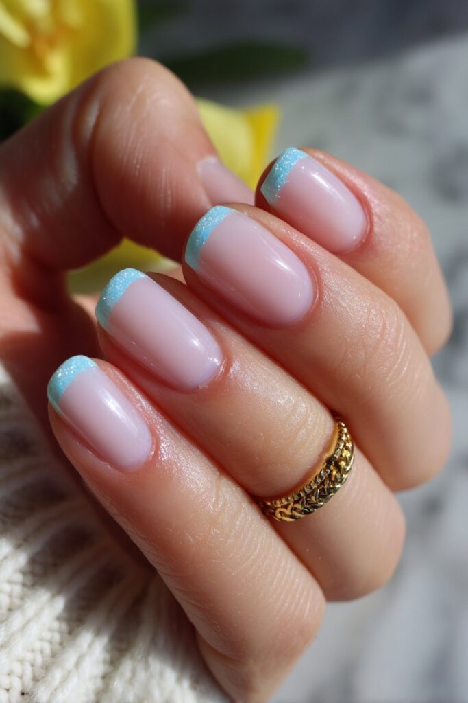 Simple, chic summer nails with minimalist teal French tips over a soft pastel pink base, featuring crisp, clean lines and a glossy finish.