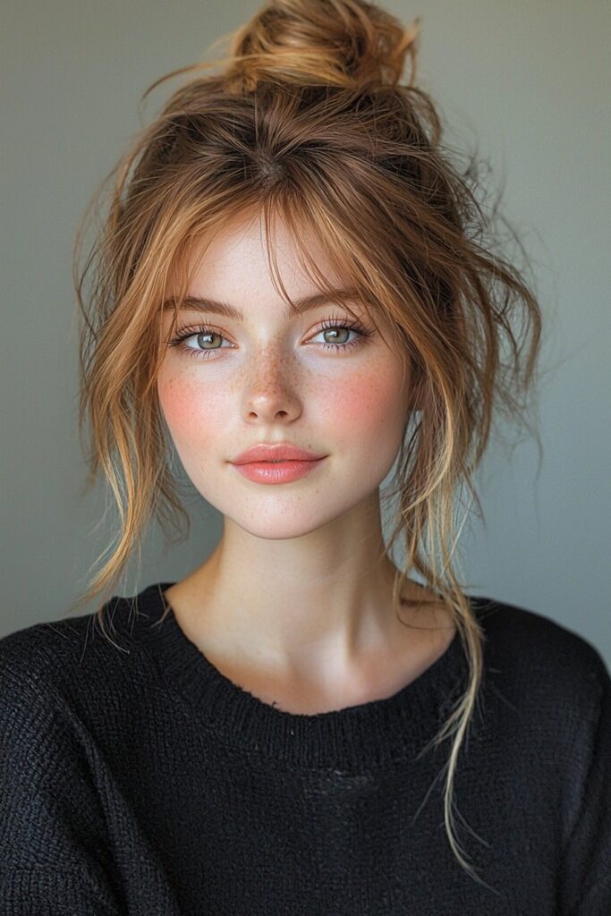 Woman wearing minimal makeup with matte skin, translucent powder, top-lid eyeliner, light mascara on bottom lashes, and a pop of coral lipstick.