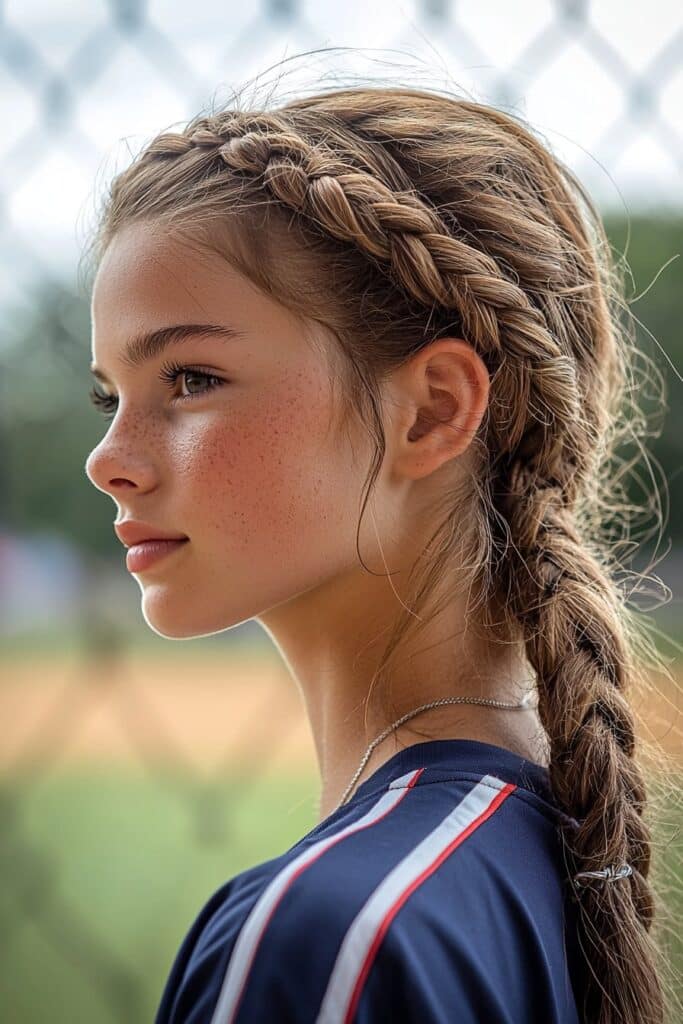 Woman with braided crown across head at home plate, elegant helmet-friendly hairstyle