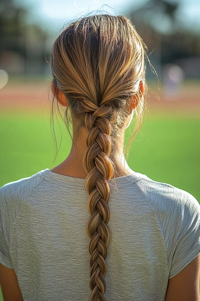 Woman with tight Dutch braid hairstyle on softball field, secure functional style for athletes