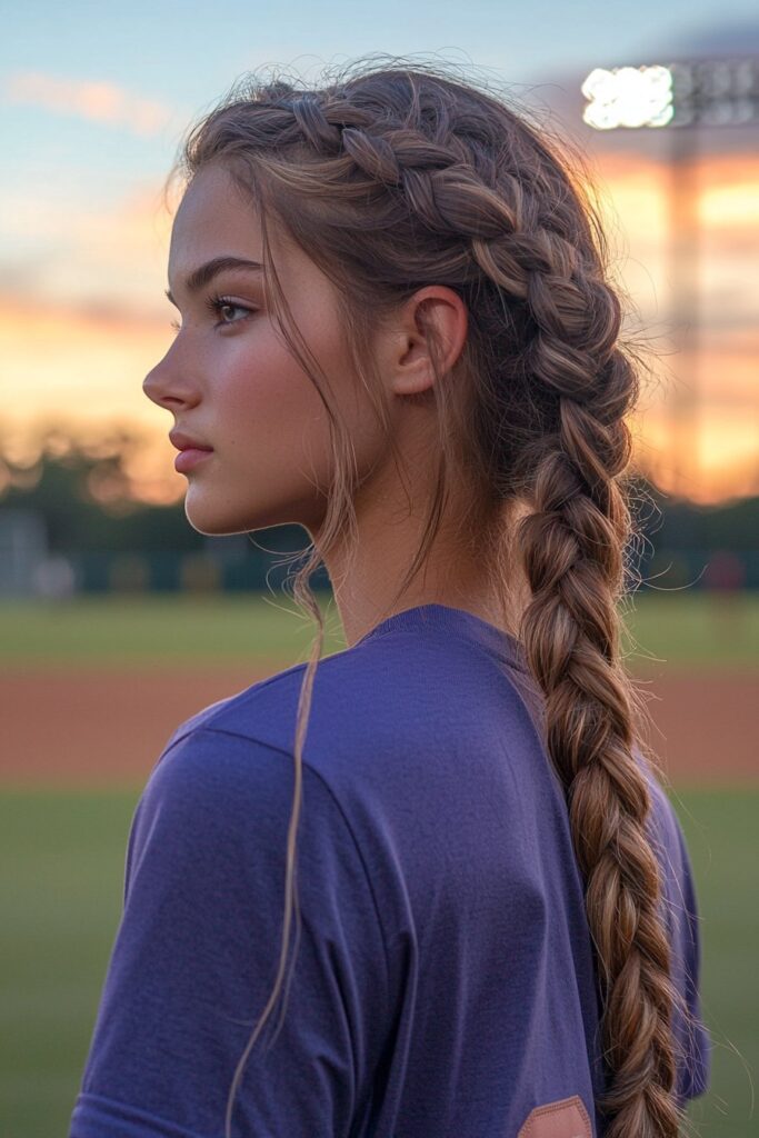 Woman with twisted rope braid against sunset softball field, simple sporty hairstyle