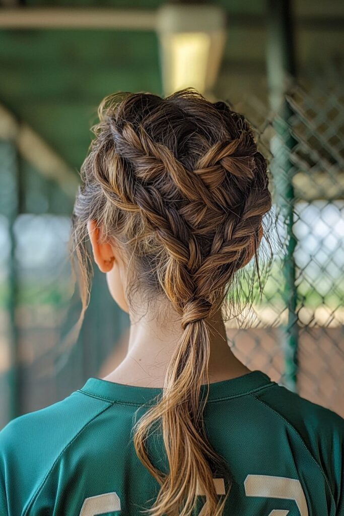 Woman with two low buns at nape in dugout with catcher's gear, mask-compatible hairstyle