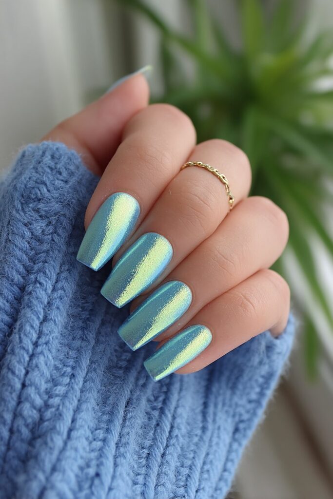 High-shine teal chrome long coffin nails with a metallic, futuristic appearance, featuring a smooth mirror-like finish perfect for summer parties.