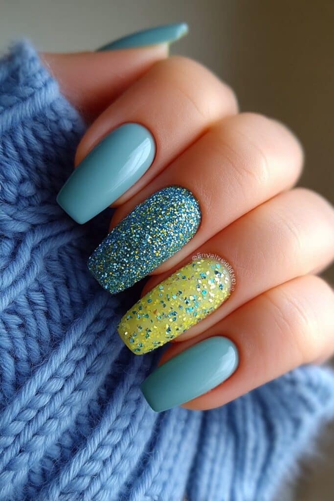 Summer nails showcasing solid teal bases with dazzling teal glitter accents on select nails for extra sparkle, creating an elegant, festive look.