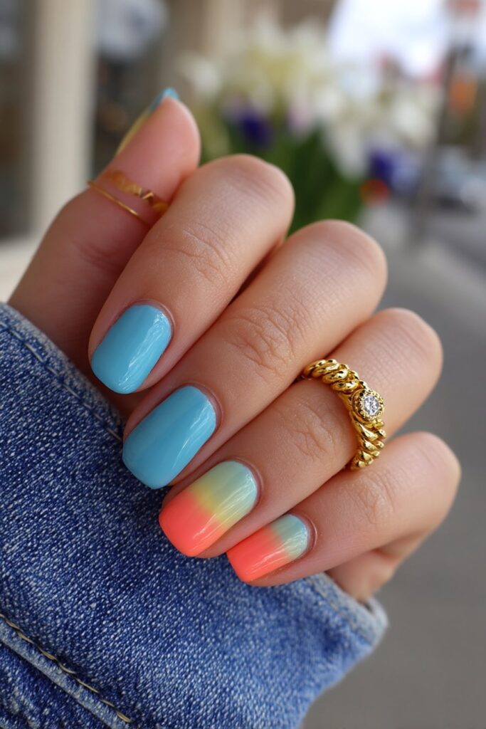 Fresh summer nails combining blocks of vibrant teal and bright coral on each nail for a bold, trendy color-blocked look with crisp, clean edges.