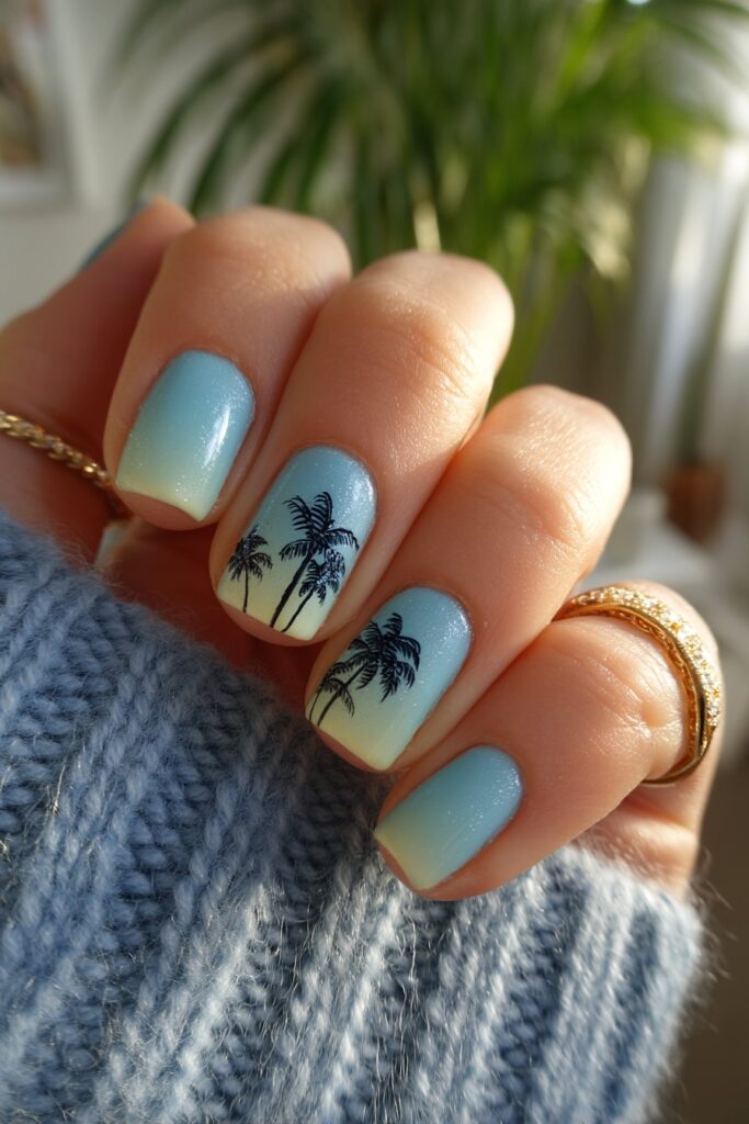 Summer-ready nails featuring a teal ombré base with black tropical palm tree silhouettes on each nail, creating a beachy, relaxing vibe.