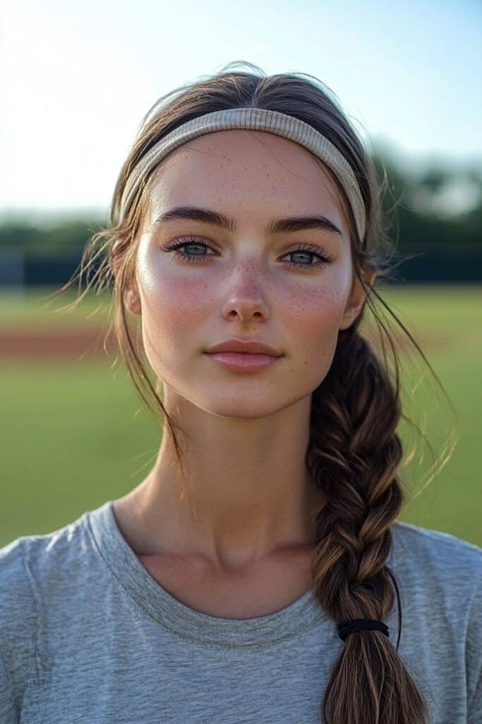 Woman with front braid like headband and loose hair by pitcher's mound, sporty chic style
