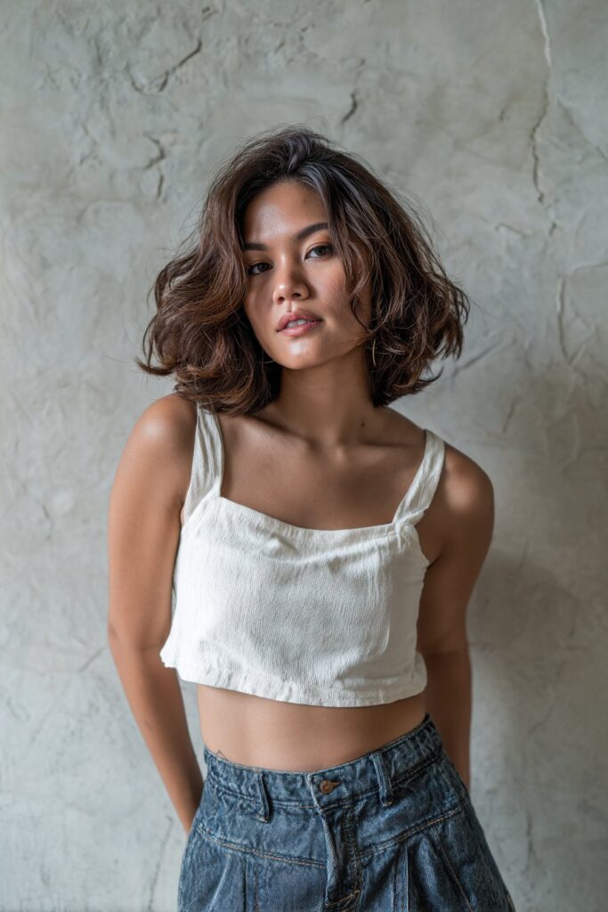 American woman with voluminous 90s blowout hairstyle, crop top and high-rise jeans, confident expression, plaster backdrop.