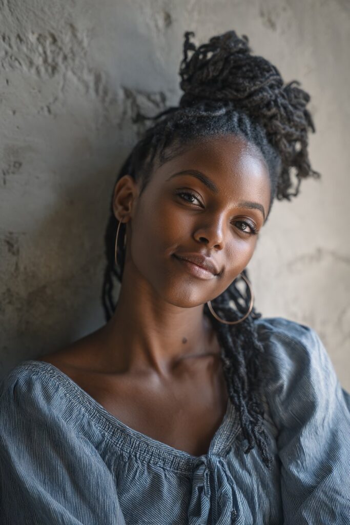 Beauty portrait showing woman with natural afro hairstyle complemented by headband against white backdrop.