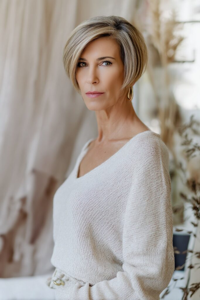 "Elegant beauty photo of mature woman with angled bob hairstyle in soft boho interior with neutral textures."