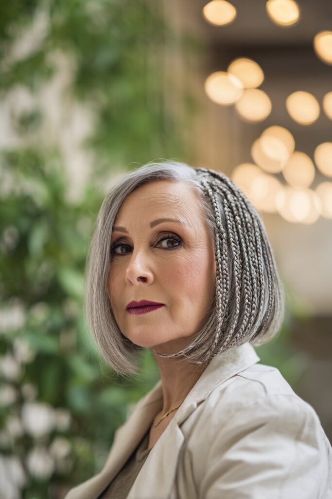 Indoor portrait of woman with angled bob, side part, and braided accents surrounded by greenery and lighting.