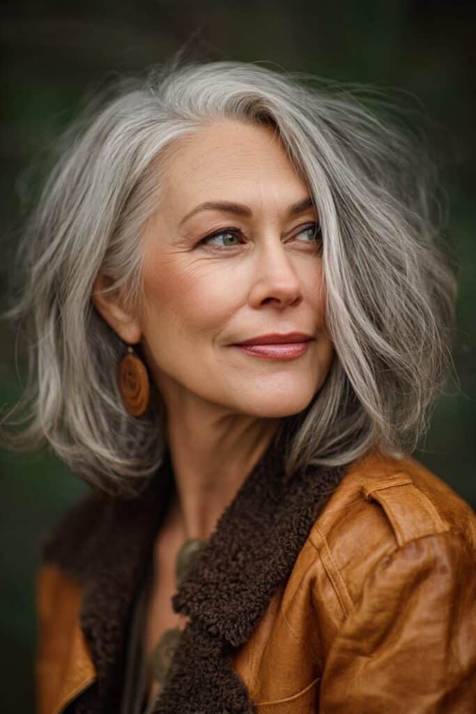 Professional portrait of woman over 50 with sophisticated angled lob hairstyle in natural forest setting, showcasing versatile cut.